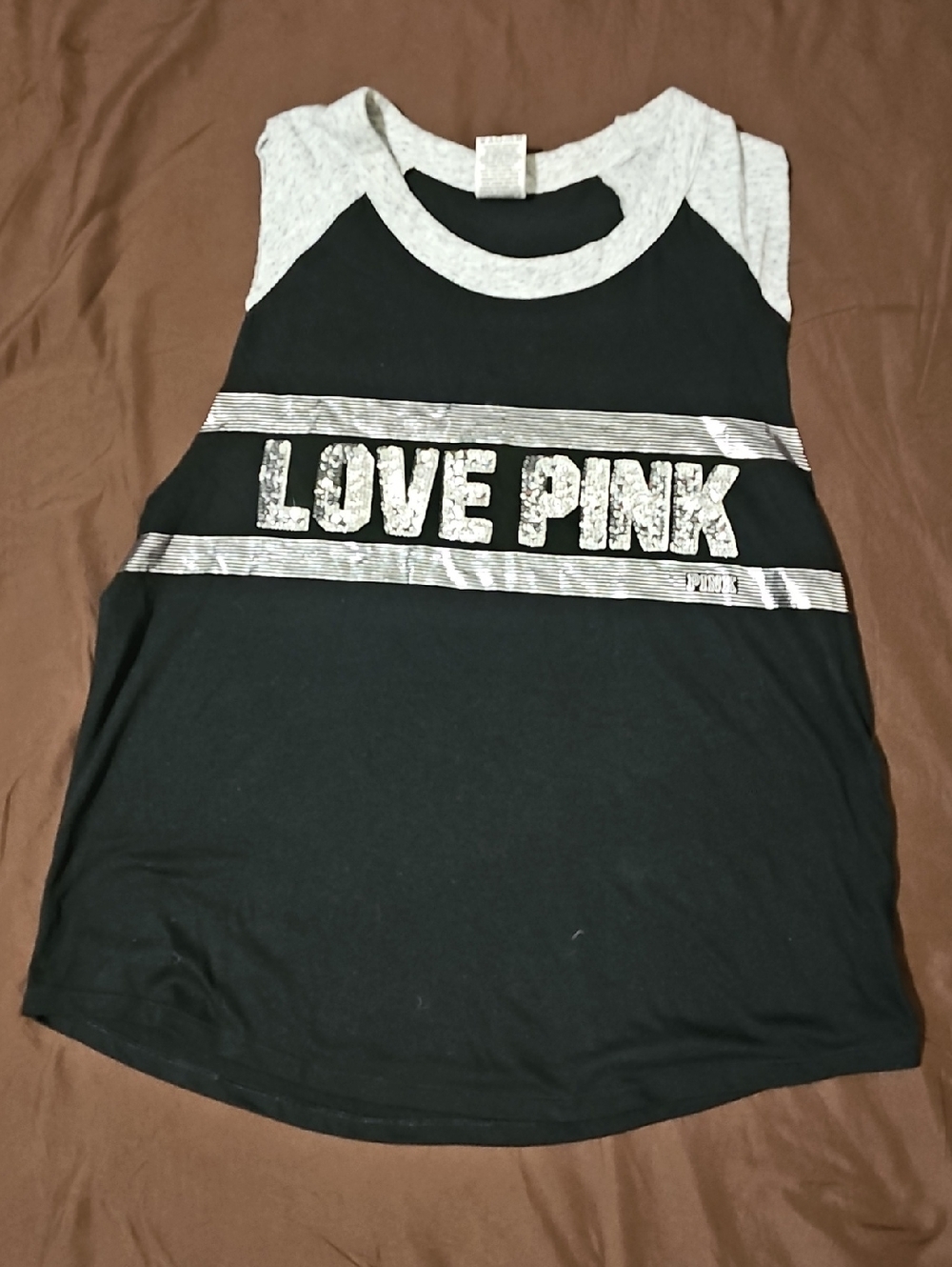 PINK Victoria's Secret Black and Gray 'LOVE PINK' Tank Top